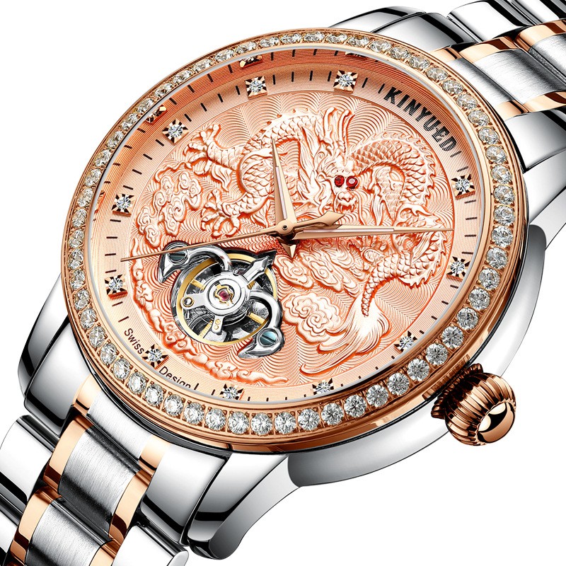 Đồng hồ nam Kinyued 1986 JYD-J061 Máy cơ viền đá mặt rồng nổi 3D