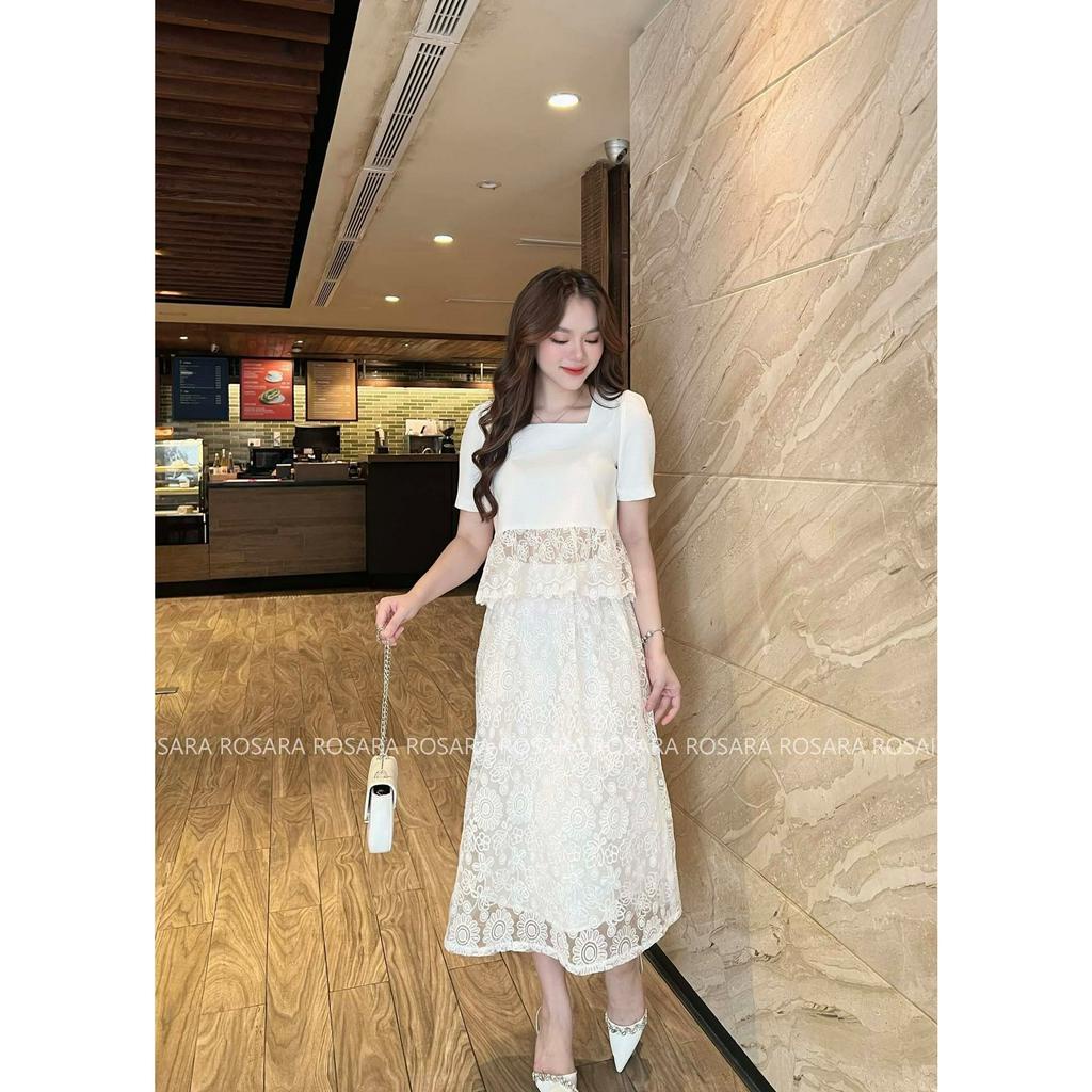 Set Áo Sơ Mi Ren Trắng Cộc Tay Kèm Chân Váy Midi Dáng Dài Thời Trang Nữ Rosara SET30
