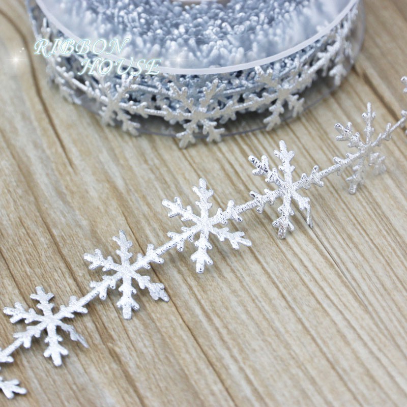 (Cuộn 10m / Cuộn Dây Ruy Băng Ren Hoa Tuyết Màu Bạc / Vàng Trang Trí Giáng Sinh