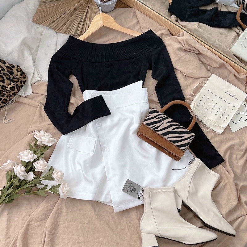 Set áo bẹt vai đen td x chân váy chéo nút