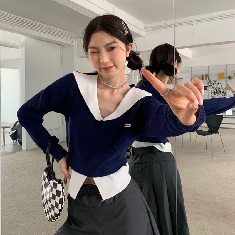 Áo Len Tay Dài Dáng Ngắn Ôm Sát Màu Tương Phản Thời Trang Hàn Quốc Dành Cho Bạn Nữ