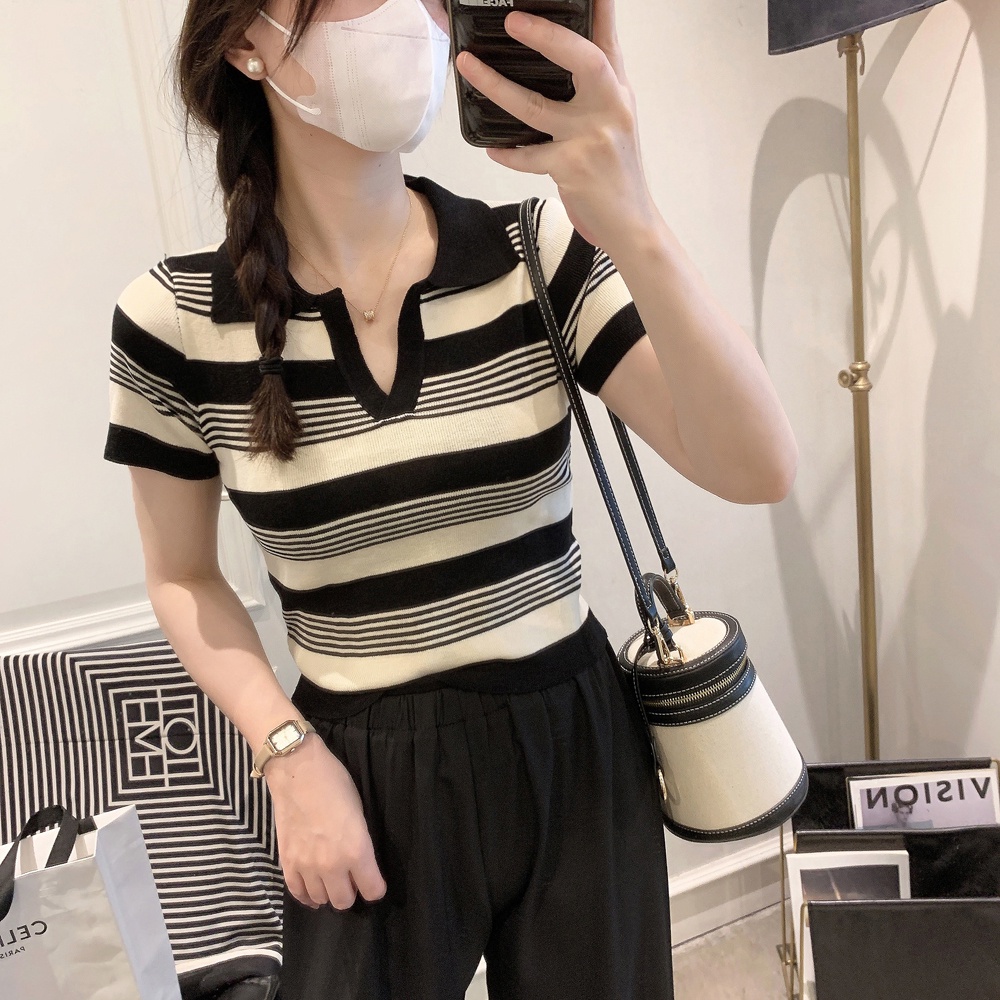 QADCOL  Áo polo Dệt Kim Mỏng Dáng Ôm Tay Ngắn Kẻ Sọc Kiểu Retro Dễ Phối Đồ