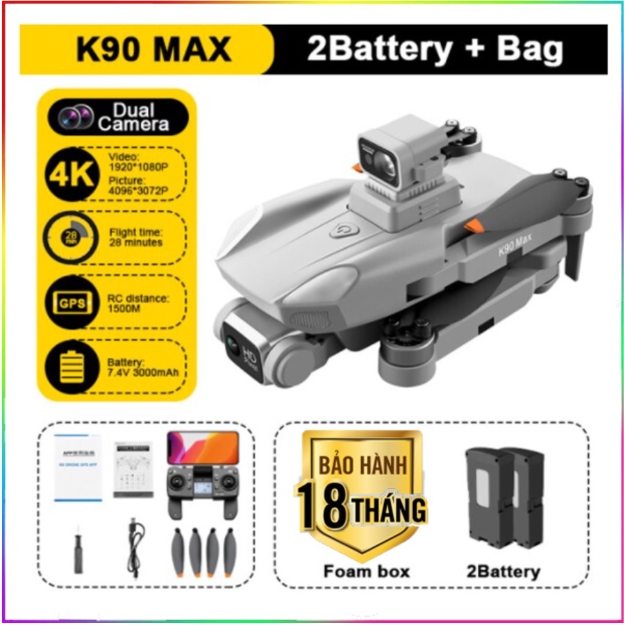 Có Video Mô Tả  Flycam K90 Max Cảm Biến Chống Va Chạm Bay 25 Phút, Bay Cao Xa 1500m, Camera 4k Chống Rung, Định Vị GPS