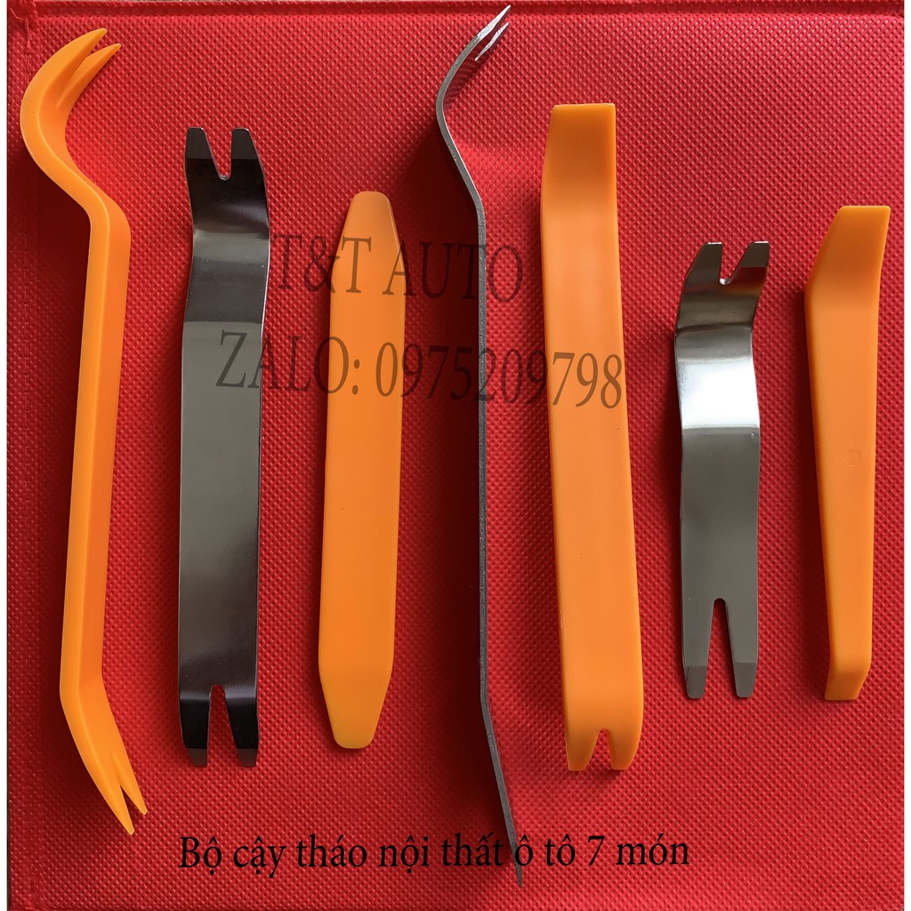 Bộ tháo lắp nội thất ô tô 7 món tiện lợi rẻ bền đẹp (nhựa tổng hợp màu cam + thép chống gỉ).