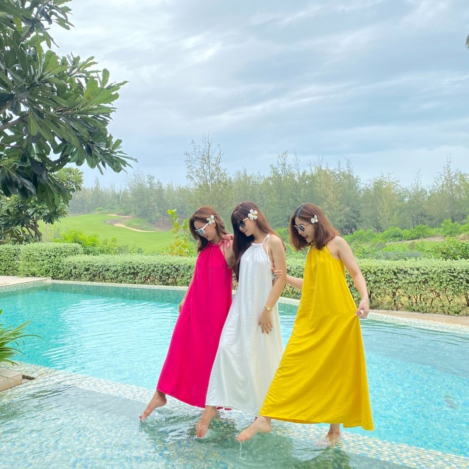 Đầm maxi xòe 2 dây cổ yếm buộc nơ form suông