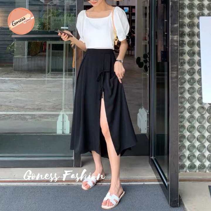 Chân váy dài Goness dáng chữ a xẻ cạnh thắt nơ có kèm đai phong cách ulzzang