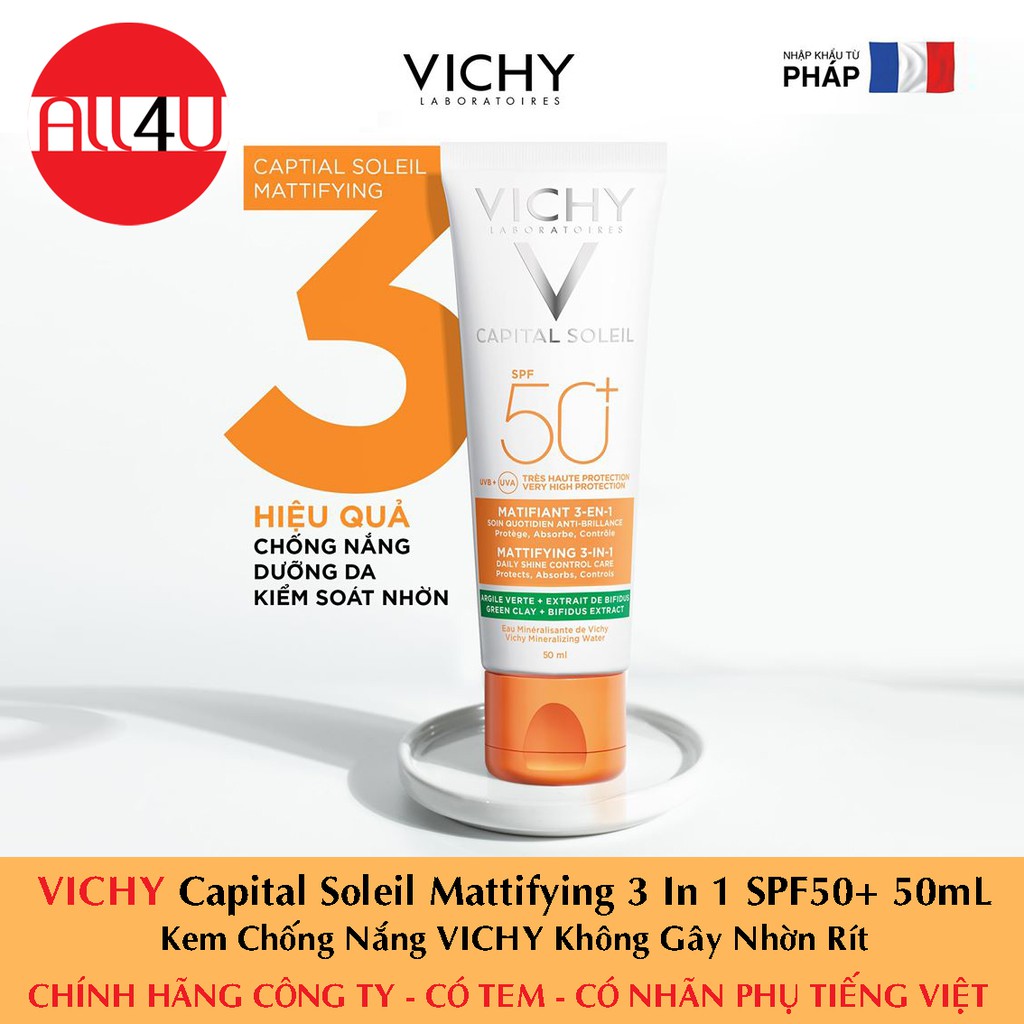 [CHÍNH HÃNG CÓ TEM] VICHY Capital Soleil Mattifying 3 In 1 SPF50+ 50ml - Kem Chống Nắng VICHY Không Gây Nhờn Rít