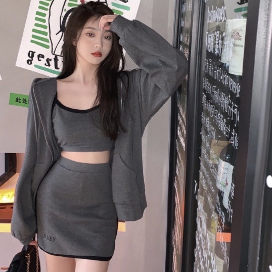 COZOK Set áo khoác tay dài + quần short lưng cao + áo không tay thời trang cho nữ