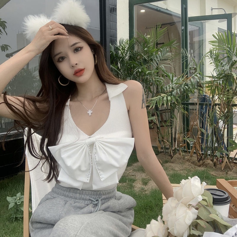 Áo Hai Dây Dệt Kim Cổ Chữ V Đính Nơ Thời Trang Cho Nữ