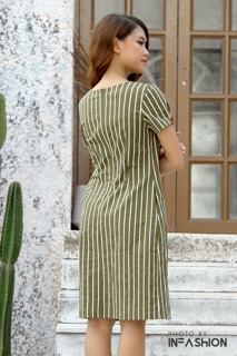 Đầm linen phối sọc Infashion