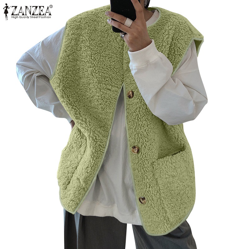 Áo khoác ZANZEA sát nách cổ tròn có hàng nút phía trước thiết kế đơn giản thời trang mùa đông cho nữ