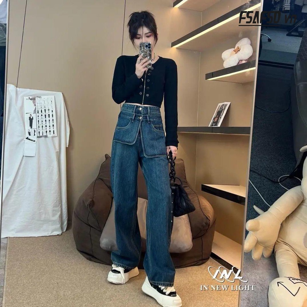 Quần Jean Nữ Lưng Cao Có Túi Lớn Phong Cách Âu Mỹ Mới 2022