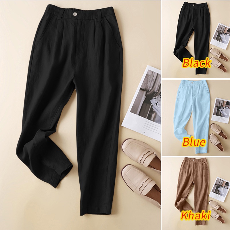 Quần dài ZANZEA lưng thun màu trơn có túi thời trang cho nữ