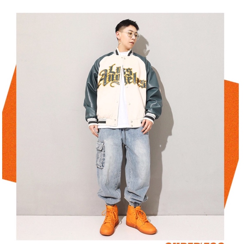 Varsity Jacket Hoạ Tiết Los Angeles Phối Tay Da áo khoác bomber nam nữ