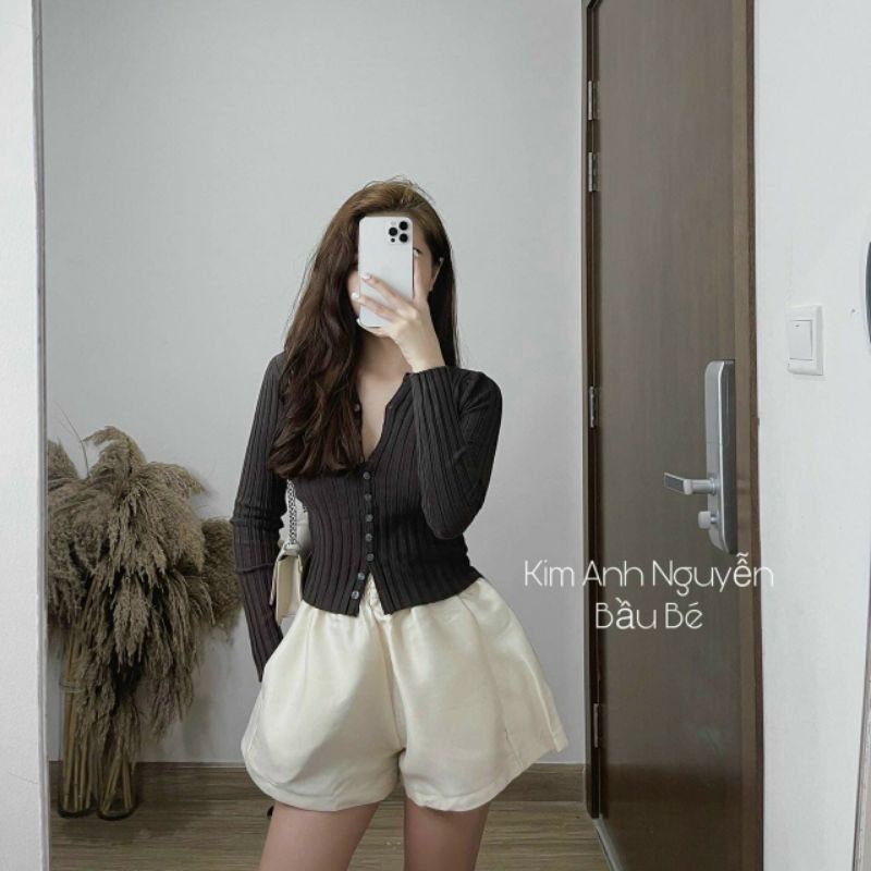 Áo len gân cổ tròn khuy dài tay Quảng châu