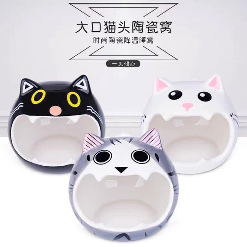 Nhà ngủ sứ hình mèo mồm to cho hamster