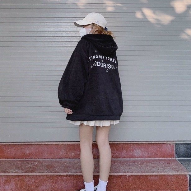 Áo khoác hoodie nữ zip vải nỉ DORIS có mũ nón form rộng ulzzang dễ thương tay phồng mền mịn kiểu dáng bacsic SENAVA AK54