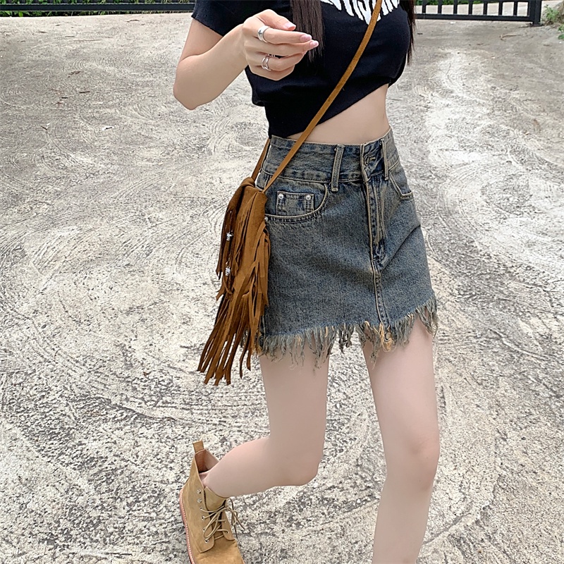 Chân váy jean Chữ A Lưng Cao Phong Cách retro Thời Trang Hàn Quốc Cho Nữ