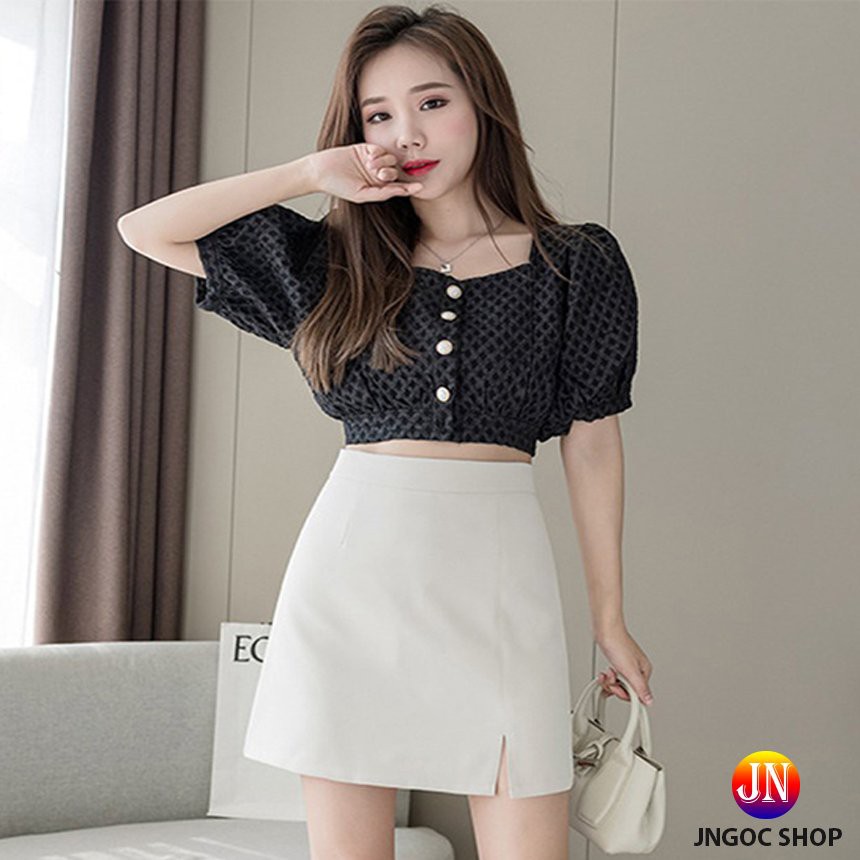 Chân váy ngắn chữ A xẻ trước, Chân váy công sở cạp cao đen trắng xẻ tà trẻ trung | BigBuy360 - bigbuy360.vn