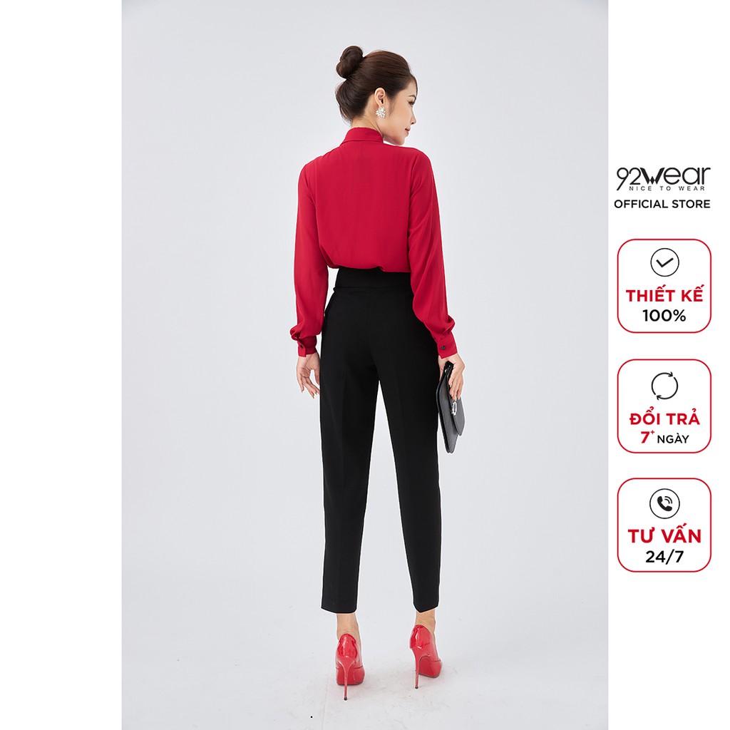Áo sơ mi nữ 92WEAR thiết kế dài tay đính nơ ruy băng, xếp ly thân trước ASA1625