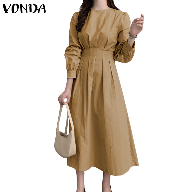 Váy dáng dài VONDA cổ tròn tay dài xếp ly màu trơn phong cách Hàn Quốc cho nữ