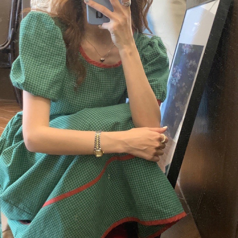 Váy babydoll dáng dài kẻ caro xanh hồng ulzzang Hàn Quốc [Yannie]