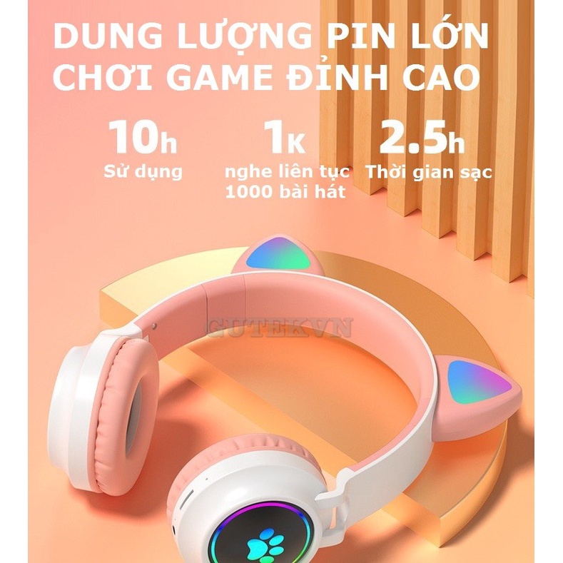 Tai nghe bluetooth chụp tai không dây tai mèo đèn led 7 màu Gutek B30 có mic chống ồn tốt