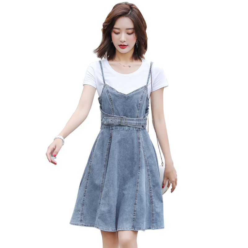 Set Áo Thun Ngắn Tay + Váy Yếm Denim Thời Trang Hè 2021 Phong Cách Năng Động Cho Nữ