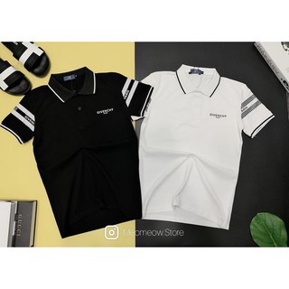 (ảnh+video) Áo thun polo nam cổ bẻ tay ngắn vải mịn đẹp phối sọc vai có chữ Givenchy 2 tông màu trắng đen (hình thật)