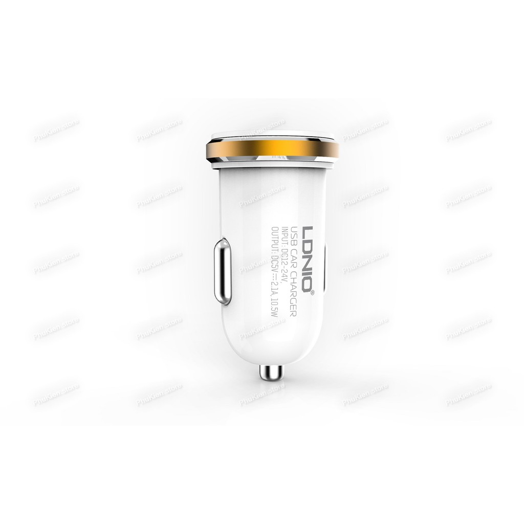 Cốc sạc cao cấp trên ô tô (car charger) 2 USB có IC ổn dòng LDNIO DL-C22 Trắng 10.5W  (kèm cáp sạc Android)