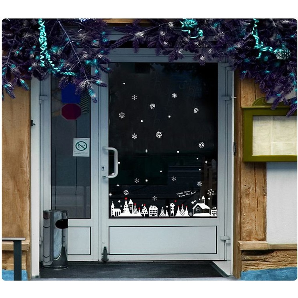 Bộ decal dán kính trang trí Noel YJ1 Decal Giáng Sinh Decal Noel Phố Đêm Giáng Sinh