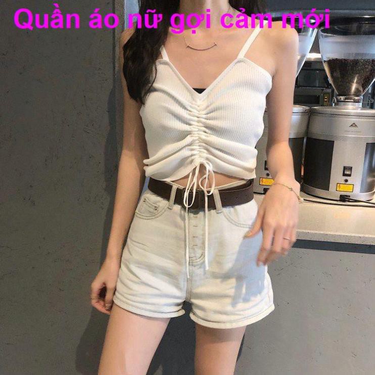 Ngực quấn dây rút gợi cảm mùa hè, mặc áo sơ mi hở đáy, yếm không tay mỏng, crop top nữ với quần ་