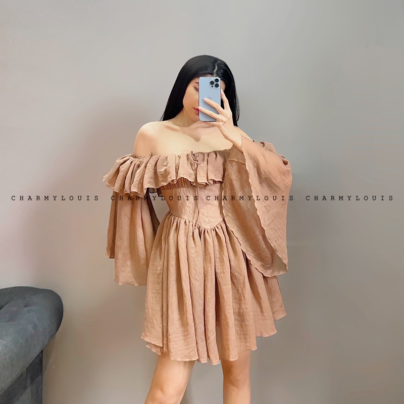 Đầm Voan Rớt Vai Tay Quạt Nâu QCCC