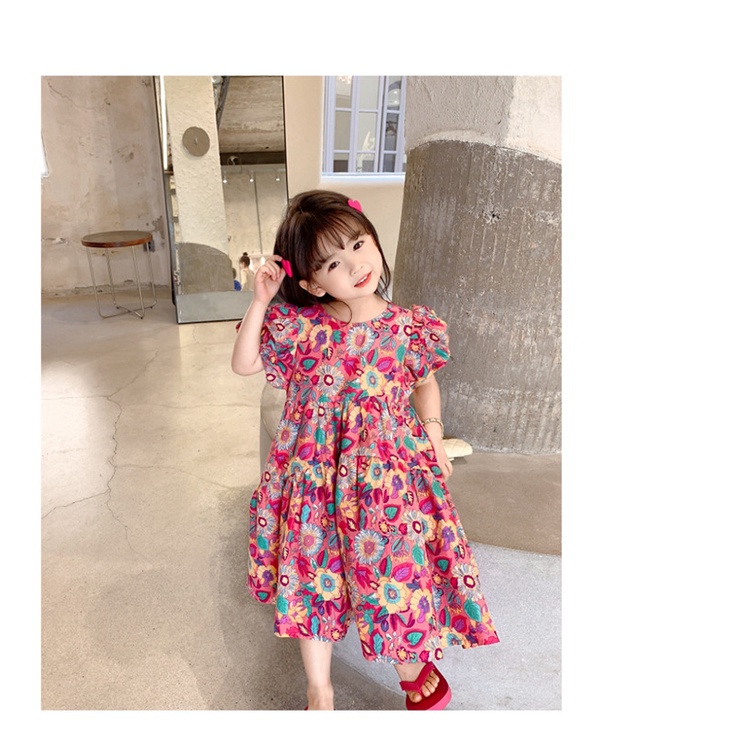 Váy babydoll bé gái họa tiết hoa to tay bồng cực dễ thương