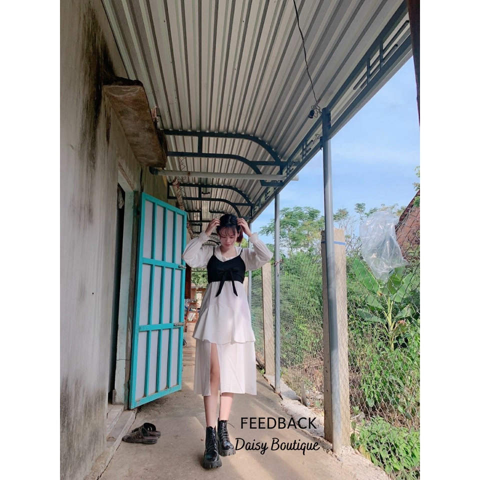 Set Váy Yếm Đen Xẻ Chân Có Tầng Chất Liệu Đũi Mát Daisy Boutique SP000139