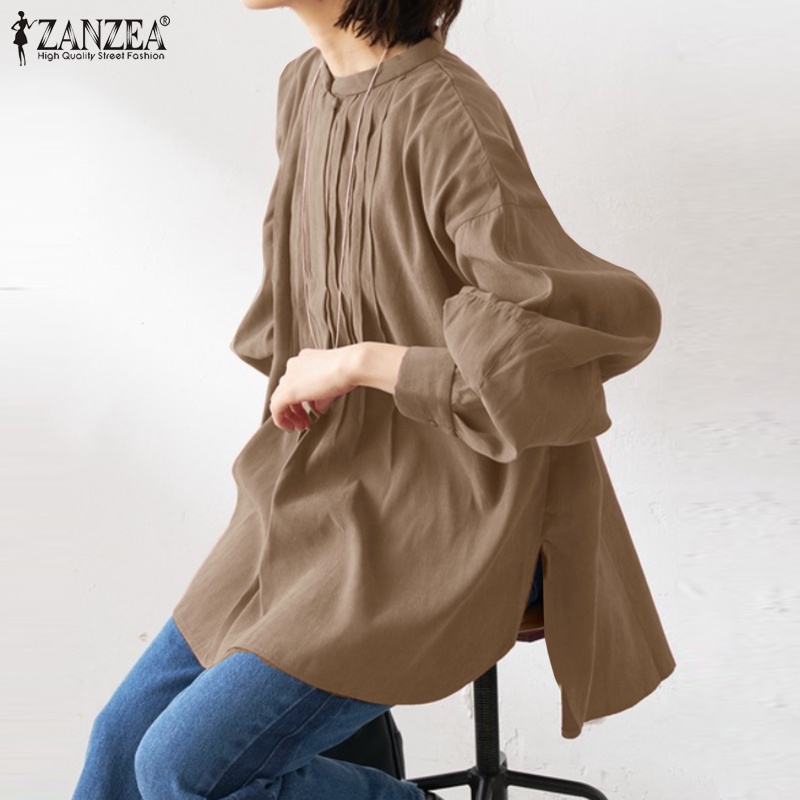 Áo kiểu ZANZEA tay dài phồng cổ tròn cài nút dáng rộng phong cách vintage thời trang dành cho nữ