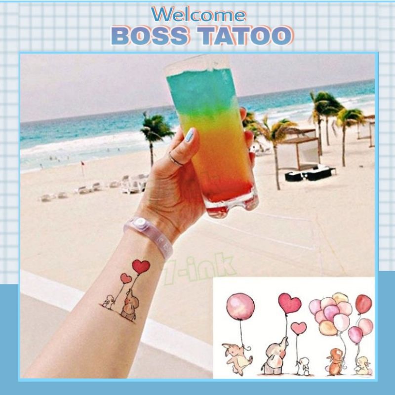 Hình xăm tatoo động vật chơi bong bóng, voi thỏ h13. Xăm dán tatoo mini tạm thời, size &lt;10x6cm