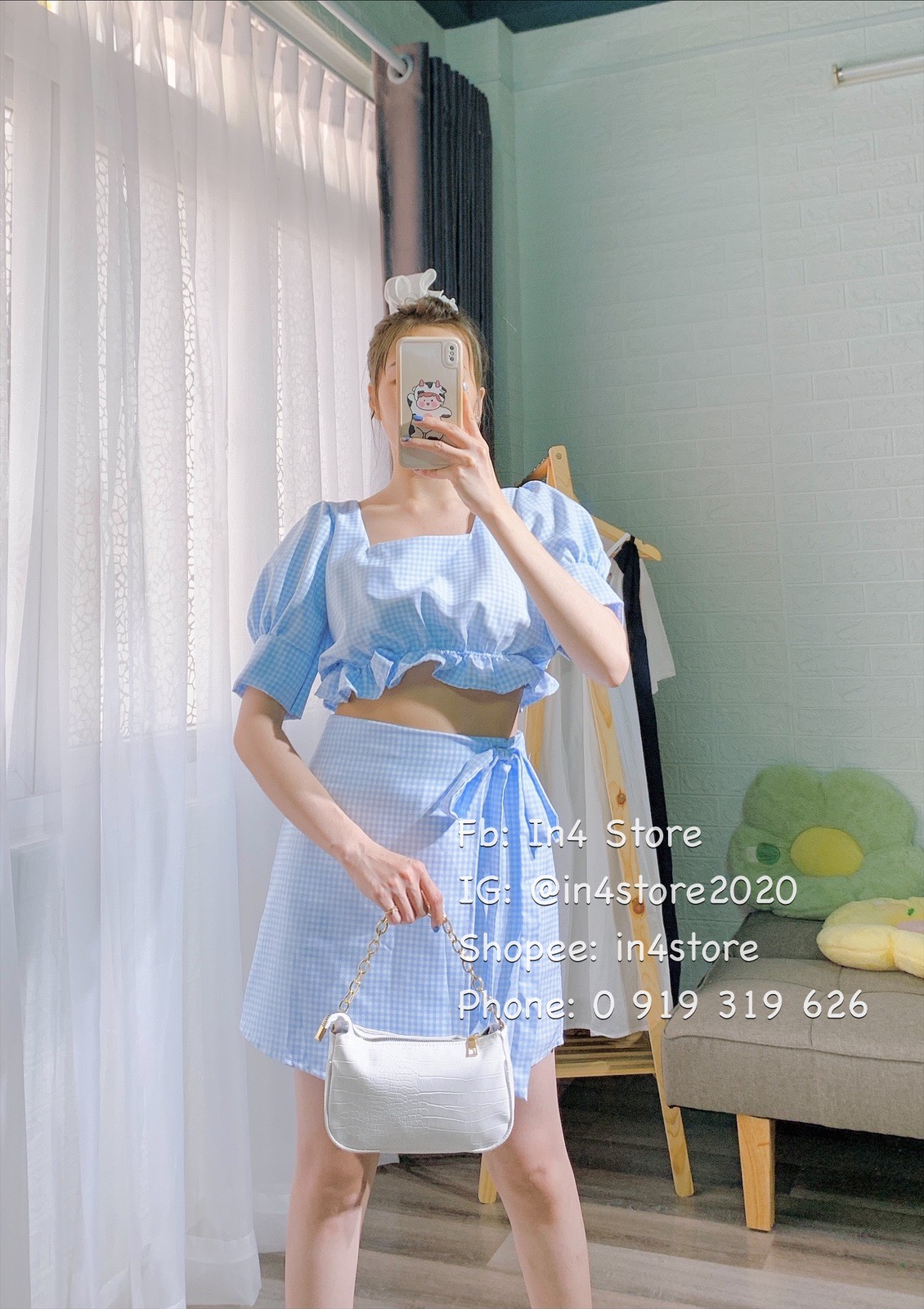 [Ảnh thật] [Có sẵn] Set áo crop top + chân váy xanh nhẹ nhàng. thanh lịch ẢNH THẬT 100% - Freesize