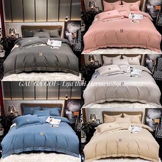 Chăn ga lụa thái thêu HERMES sang chảnh cao cấp , Bộ chăn ga phi lụa bóng mềm mịn mát giá siêu rẻ