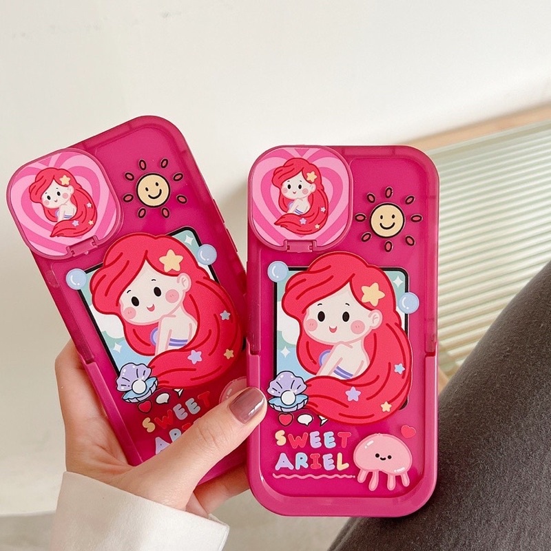 Ốp lưng iphone mềm dẻo viền bo tròn chống sốc có gương che bảo vệ camera công chúa nàng tiên cá màu hồng đáng yêu