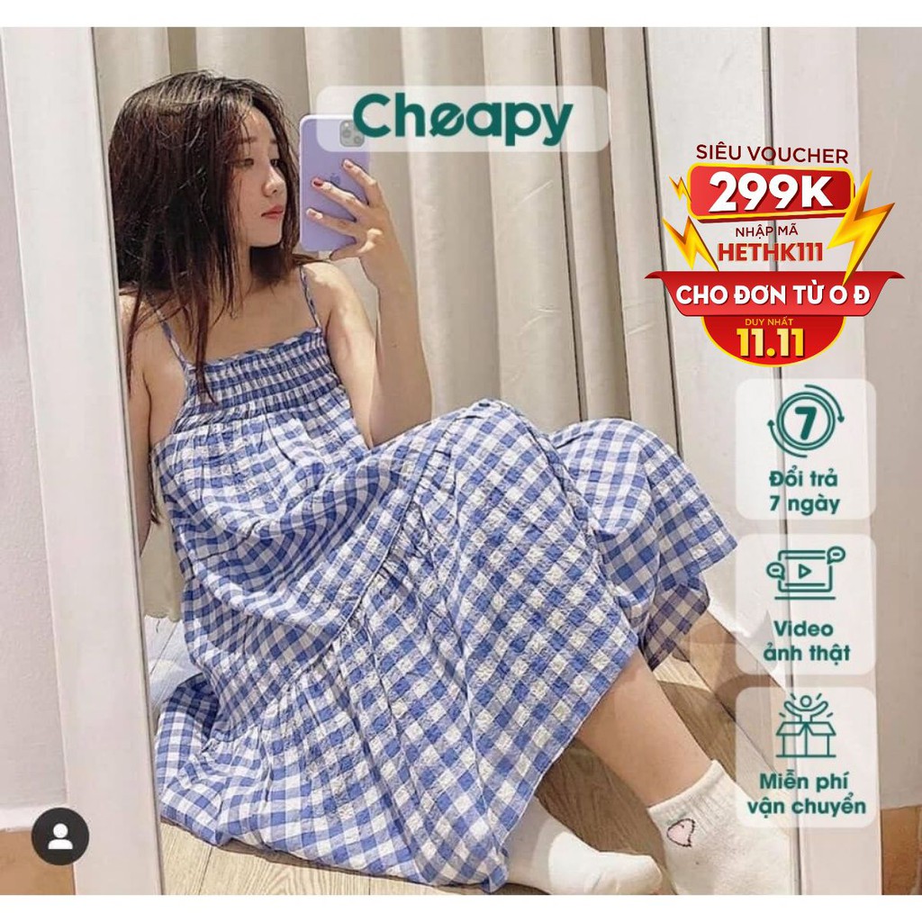 Váy hai dây kẻ caro xanh dáng babydoll phong cách tiểu thư thời trang nữ cheapy C189