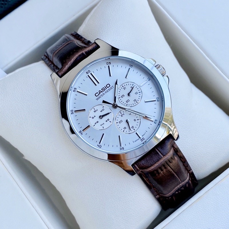 Đồng hồ Nam Casio MTP-V300L-7A &amp; MTP-V300L-7A2, đồng hồ chính hãng, dây da nâu chạy 6 kim