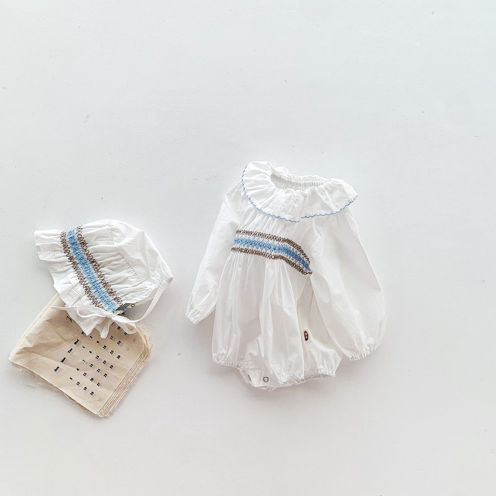 Bộ Áo Liền Quần Tay Dài Thêu Họa Tiết + Mũ Dễ Thương Cho Bé Gái Sơ Sinh