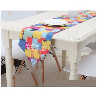 Khăn trải bàn dài tam giác vải bố nhiều màu pha trộn