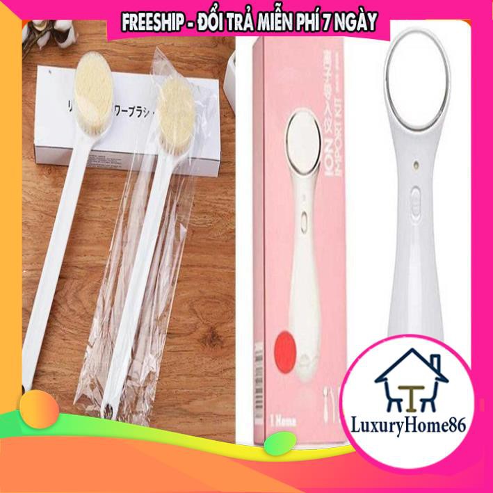 Combo máy massage mặt ion giúp làm giảm lỗ chân lông, thẩm thấu sâu tinh chất + Cọ kỳ lưng tắm cán gỗ xuất Nhật Muji