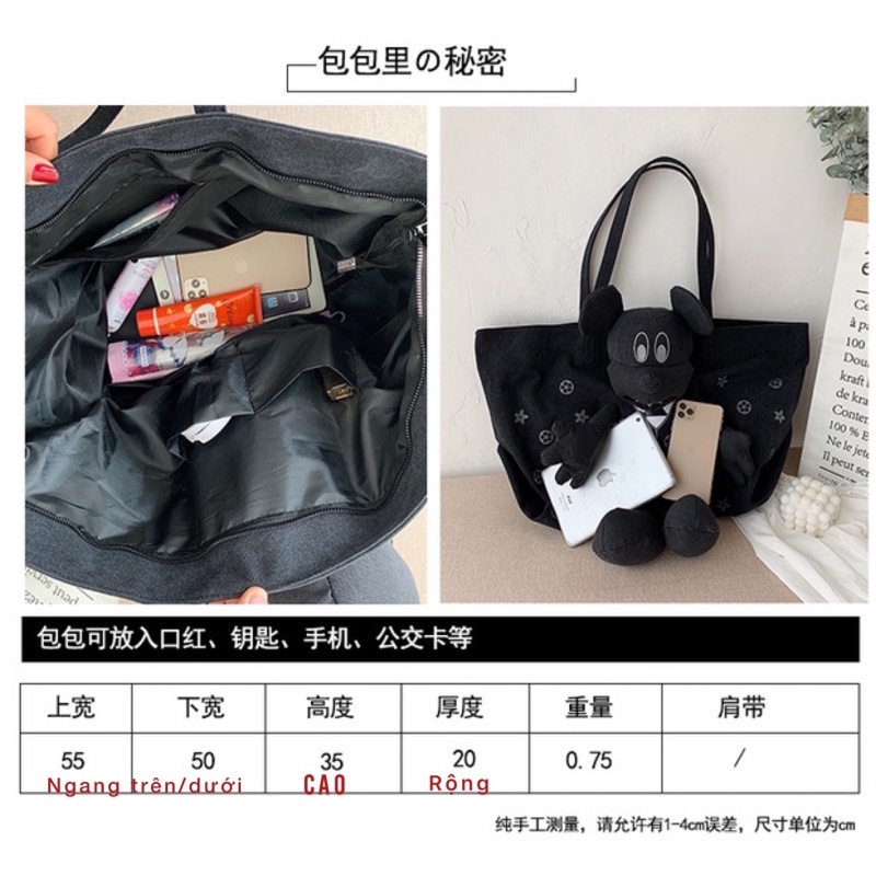 《HÌNH THẬT》Túi tote đeo vai - TÚI DU LỊCH thiết kế đính gấu mickey to siêu xinh ♥️
