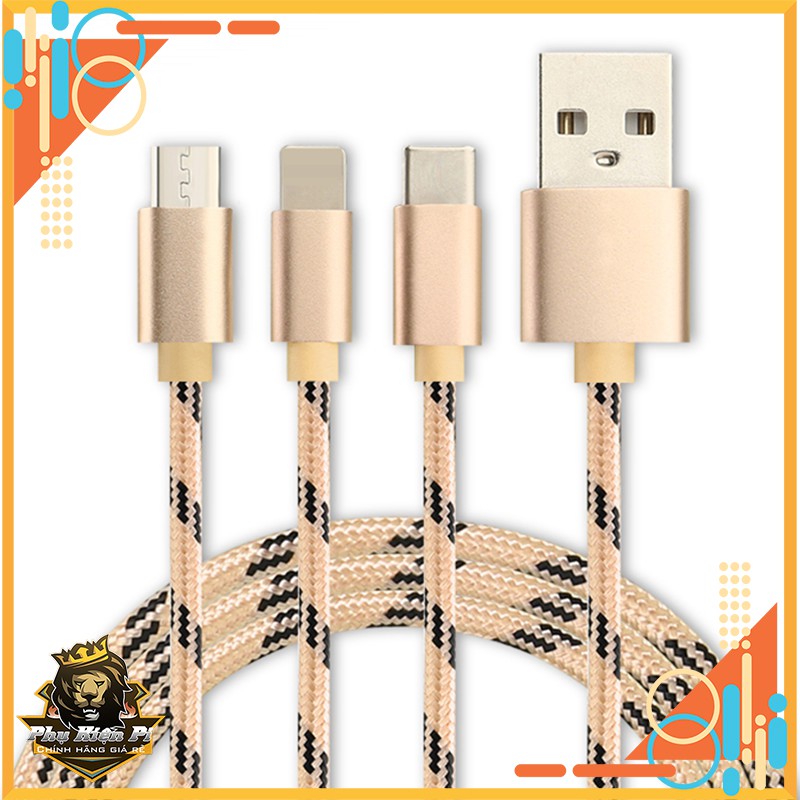 Cáp sạc nhanh/Cáp truyễn dữ liệu chia 3 đầu cắm Micro USB Type-C Lightning tiện dụng dài 1m