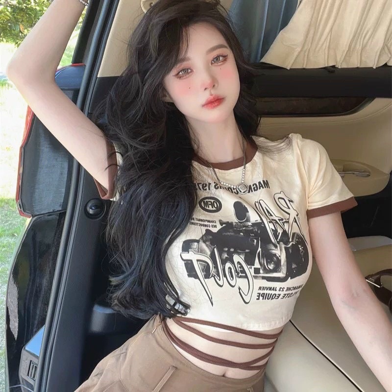 Áo SIÊU XE GB CỘT EO phối màu croptop cổ tròn thun borip tay ngắn cho Nữ -  alohashop91