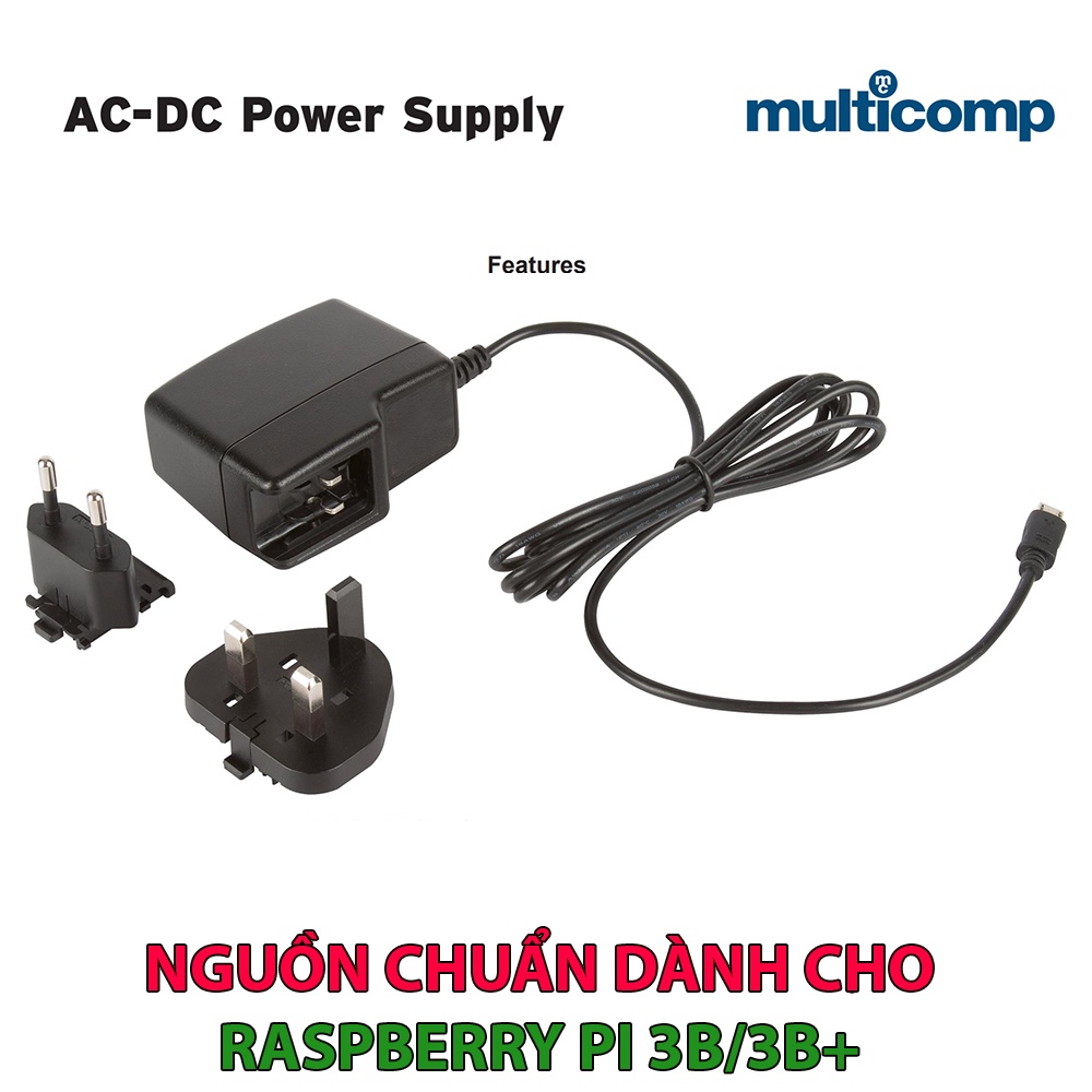 Nguồn chuẩn 5.1V, 2.5A Multicomp dành cho Raspberry Pi 3B/3B_Plus, Euro / UK Plug | WebRaoVat - webraovat.net.vn