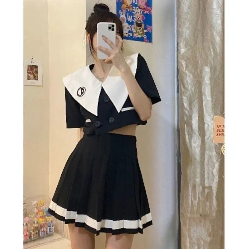 Set Áo Tay Ngắn + Chân Váy Xếp Ly Lưng Cao Phong Cách Hàn Quốc Thời Trang Mùa Hè Cho Nữ